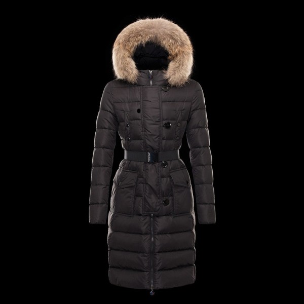 Moncler marrone Fur Cap e cinturino lungo caldo Cappotti uscita